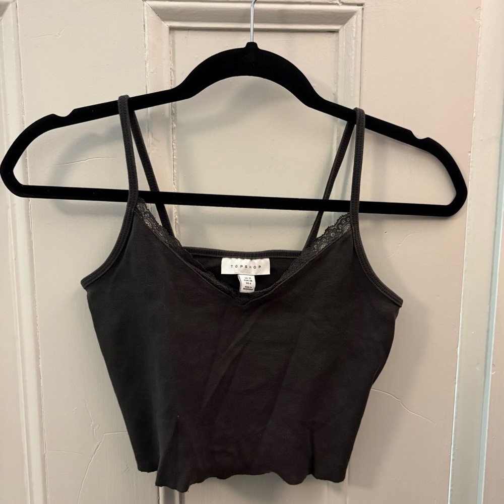 Topshop Dark Grey Lace-Trim Cropped Cami